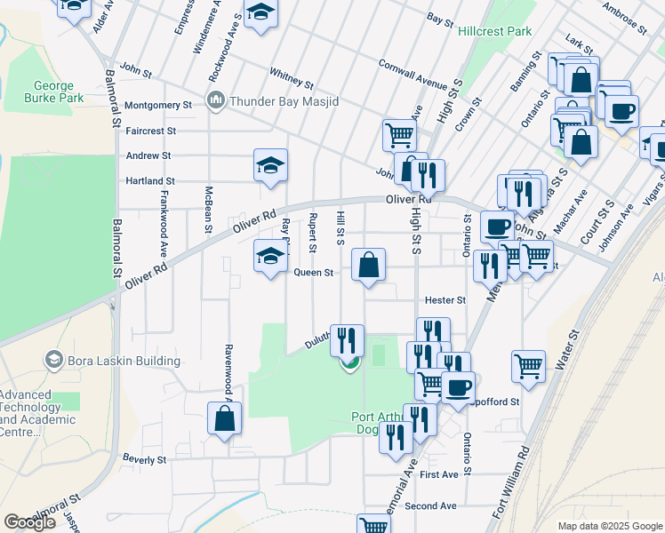 map of restaurants, bars, coffee shops, grocery stores, and more near 346 Hill Street South in Thunder Bay