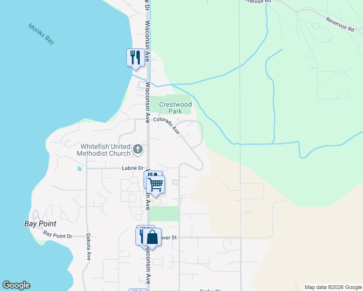 map of restaurants, bars, coffee shops, grocery stores, and more near 77A Colorado Drive in Whitefish