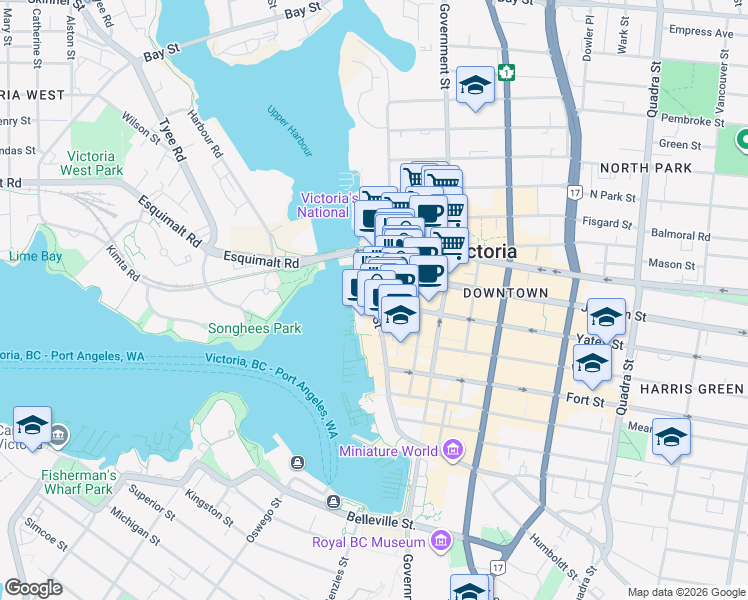 map of restaurants, bars, coffee shops, grocery stores, and more near 1280 Wharf Street in Victoria