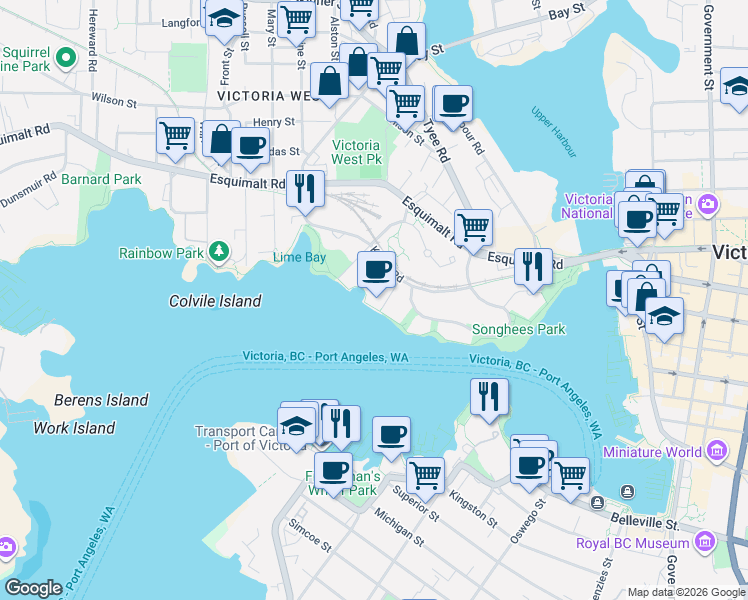 map of restaurants, bars, coffee shops, grocery stores, and more near 127 Paul Kane Place in Victoria