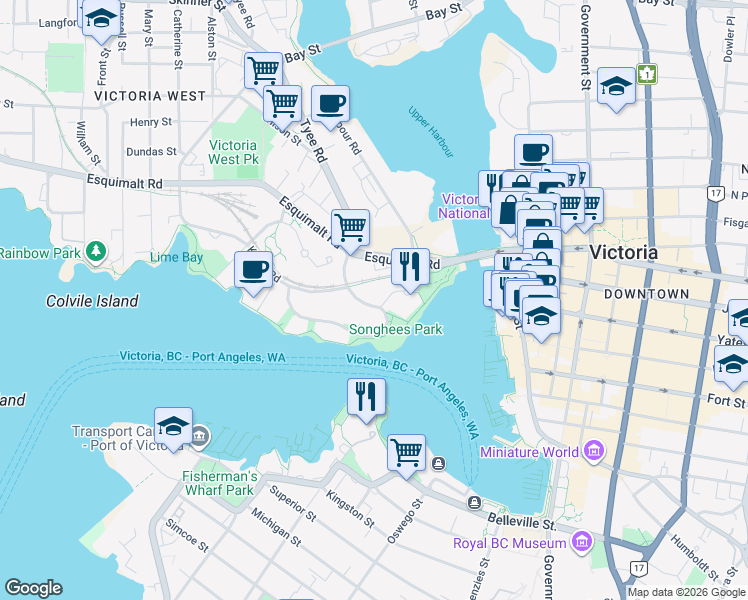 map of restaurants, bars, coffee shops, grocery stores, and more near 27 Songhees Road in Victoria
