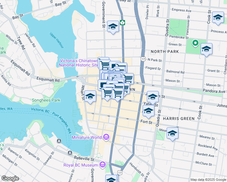 map of restaurants, bars, coffee shops, grocery stores, and more near 1321 Broad Street in Victoria