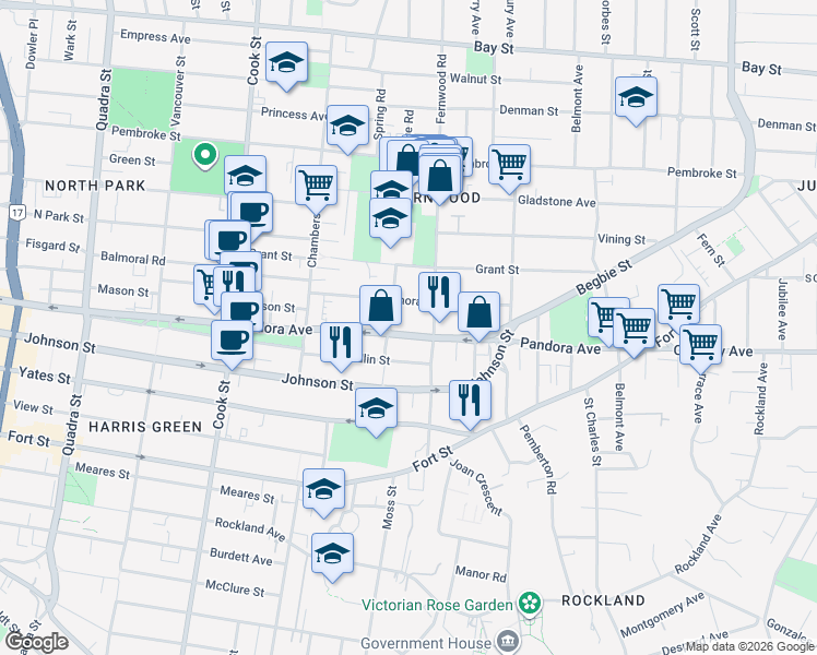 map of restaurants, bars, coffee shops, grocery stores, and more near 1320 Pandora Avenue in Victoria
