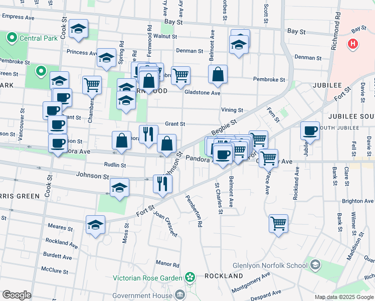 map of restaurants, bars, coffee shops, grocery stores, and more near 1410 Begbie Street in Victoria