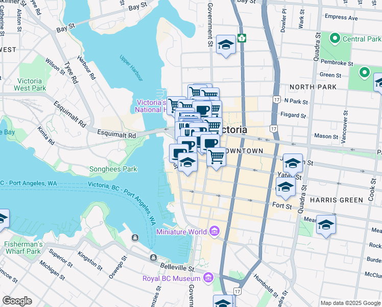 map of restaurants, bars, coffee shops, grocery stores, and more near 549 Johnson Street in Victoria