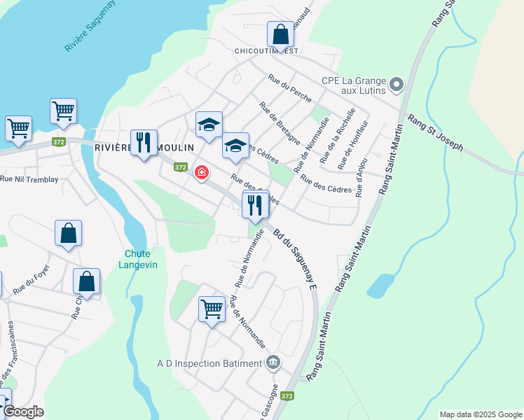 map of restaurants, bars, coffee shops, grocery stores, and more near 201 Rue de Paris in Saguenay