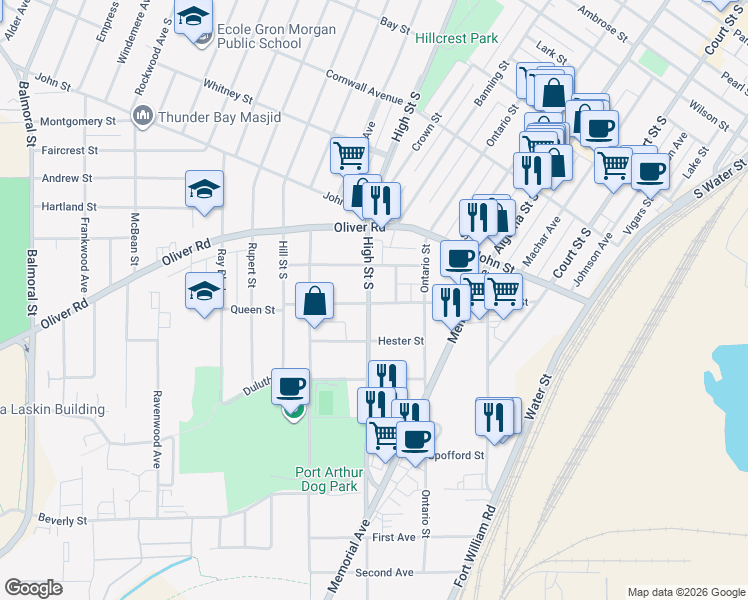 map of restaurants, bars, coffee shops, grocery stores, and more near 388 Queen Street in Thunder Bay