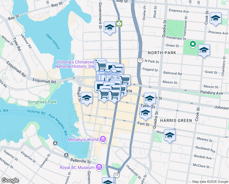 map of restaurants, bars, coffee shops, grocery stores, and more near 1407 Broad Street in Victoria
