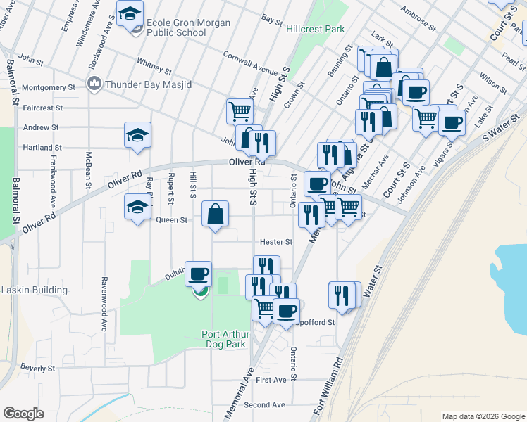 map of restaurants, bars, coffee shops, grocery stores, and more near 380 Queen Street in Thunder Bay