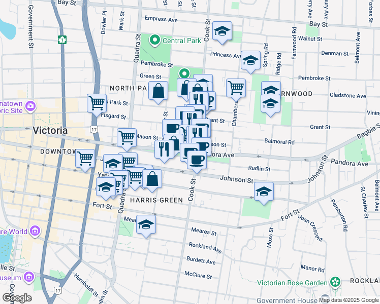 map of restaurants, bars, coffee shops, grocery stores, and more near Pandora Avenue in Victoria