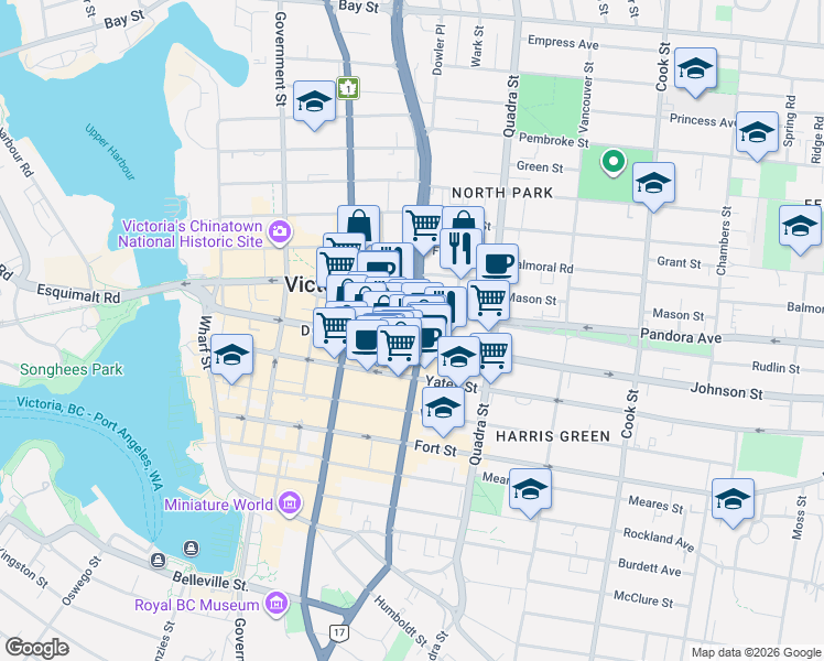 map of restaurants, bars, coffee shops, grocery stores, and more near 1461 Blanshard Street in Victoria