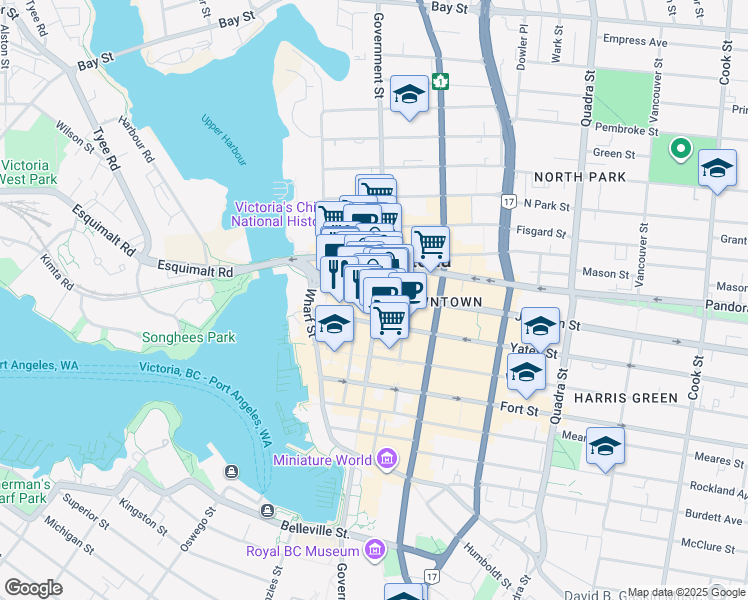 map of restaurants, bars, coffee shops, grocery stores, and more near 1328 Government Street in Victoria