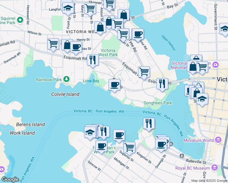 map of restaurants, bars, coffee shops, grocery stores, and more near in Victoria