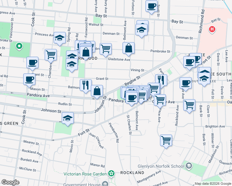 map of restaurants, bars, coffee shops, grocery stores, and more near 1539 Elford Street in Victoria