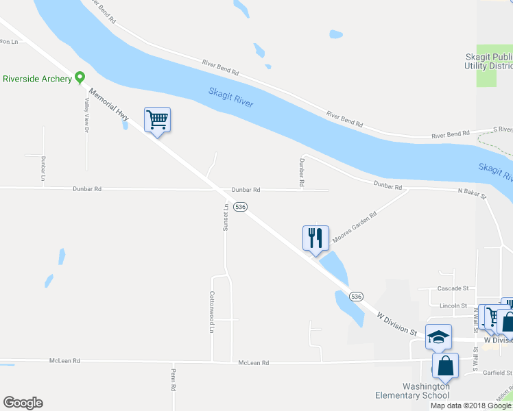 map of restaurants, bars, coffee shops, grocery stores, and more near 17869 Washington 536 in Mount Vernon