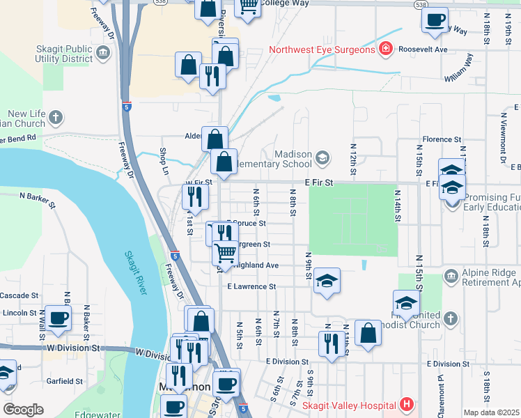 map of restaurants, bars, coffee shops, grocery stores, and more near 720 North 6th Street in Mount Vernon