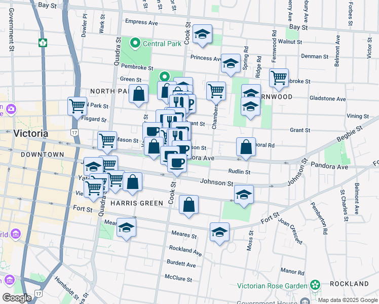 map of restaurants, bars, coffee shops, grocery stores, and more near 1130 Pandora Avenue in Victoria