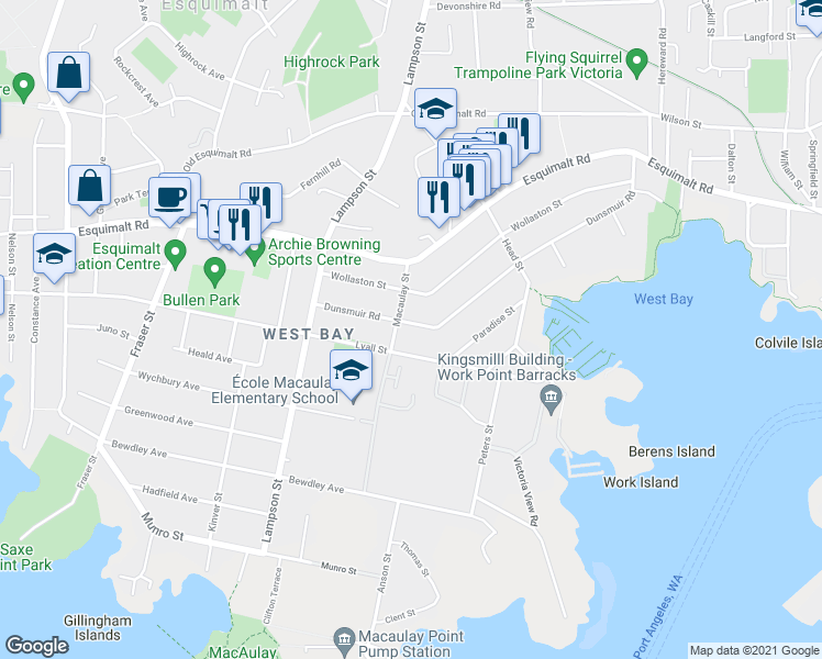 map of restaurants, bars, coffee shops, grocery stores, and more near 993 Dunsmuir Road in Victoria