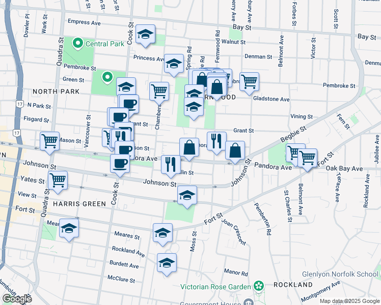 map of restaurants, bars, coffee shops, grocery stores, and more near 1516 Camosun Street in Victoria
