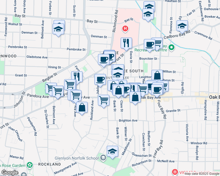 map of restaurants, bars, coffee shops, grocery stores, and more near 1555 Richmond Avenue in Victoria