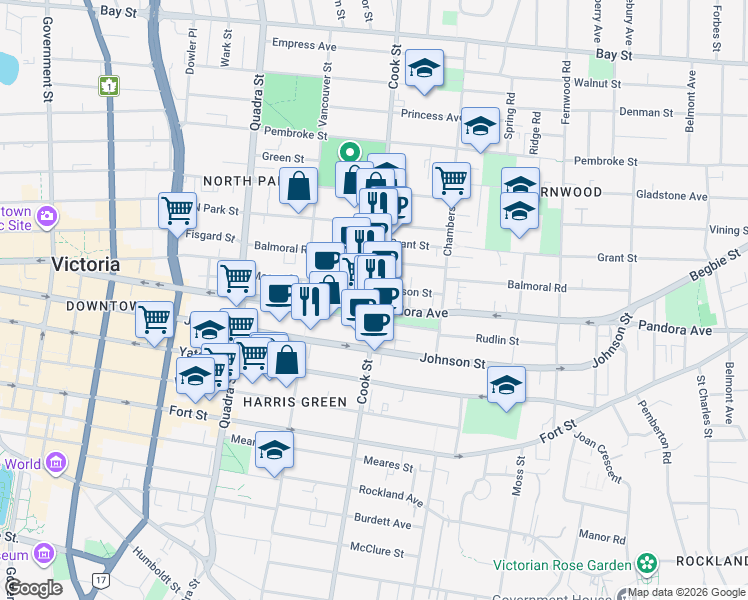 map of restaurants, bars, coffee shops, grocery stores, and more near Cook Street in Victoria