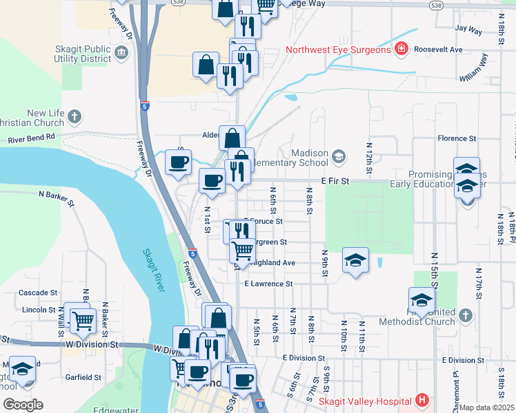 map of restaurants, bars, coffee shops, grocery stores, and more near 124 East Cedar Street in Mount Vernon