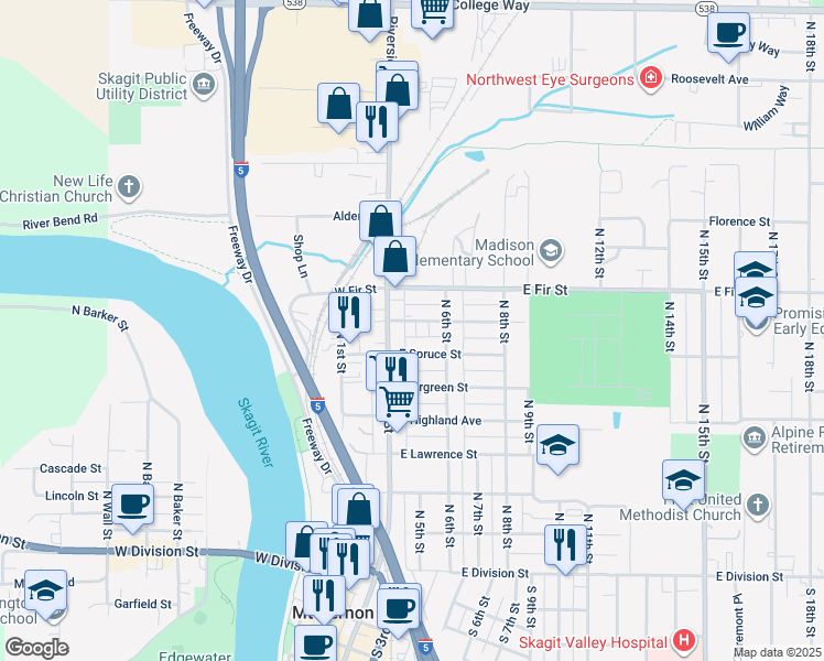 map of restaurants, bars, coffee shops, grocery stores, and more near 124 East Cedar Street in Mount Vernon