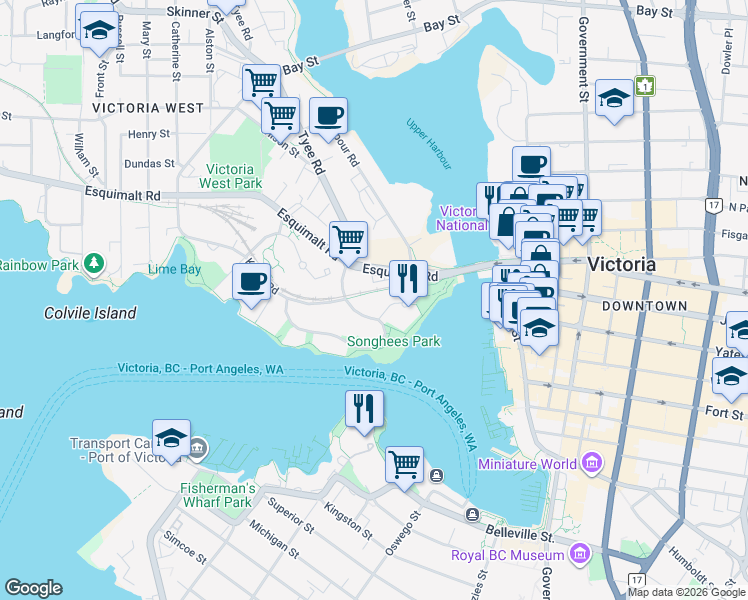 map of restaurants, bars, coffee shops, grocery stores, and more near 27 Songhees Road in Victoria