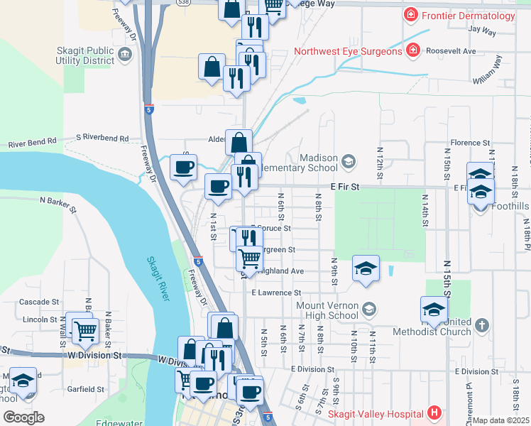 map of restaurants, bars, coffee shops, grocery stores, and more near 124 East Cedar Street in Mount Vernon