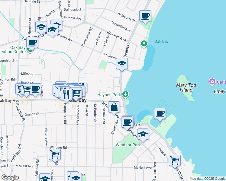 map of restaurants, bars, coffee shops, grocery stores, and more near Prospect Place in Oak Bay