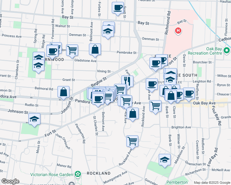 map of restaurants, bars, coffee shops, grocery stores, and more near 1650 Fort Street in Victoria