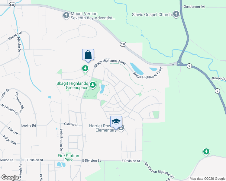 map of restaurants, bars, coffee shops, grocery stores, and more near 817 Crested Butte Boulevard in Mount Vernon
