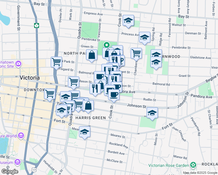 map of restaurants, bars, coffee shops, grocery stores, and more near 1050 Pandora Avenue in Victoria