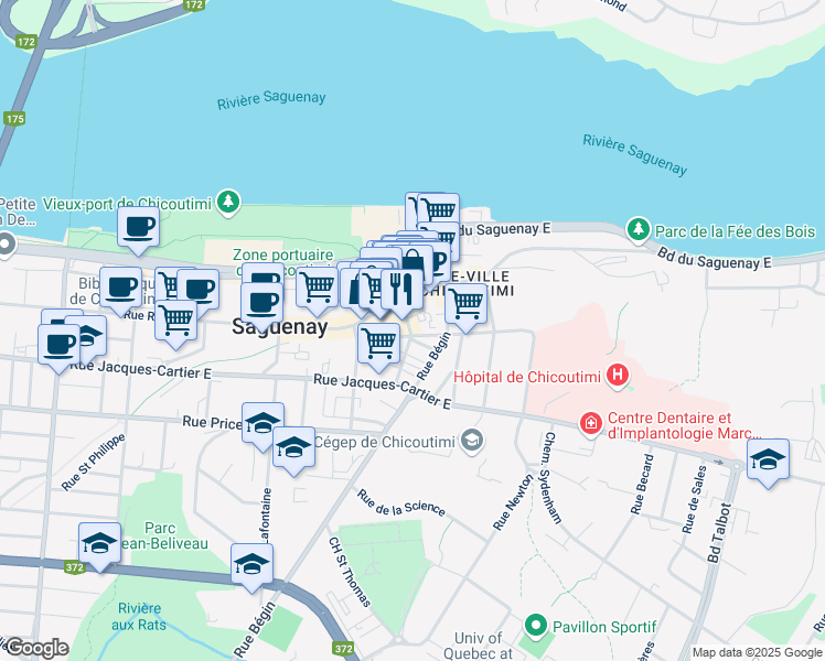 map of restaurants, bars, coffee shops, grocery stores, and more near 265 Rue Riverin in Saguenay