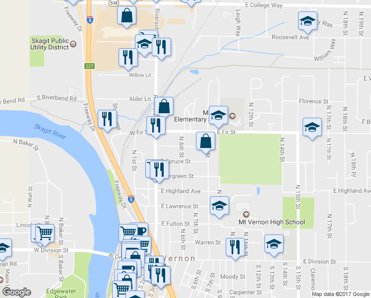 map of restaurants, bars, coffee shops, grocery stores, and more near 722 North 6th Street in Mount Vernon