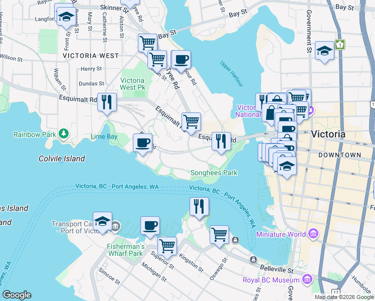 map of restaurants, bars, coffee shops, grocery stores, and more near 66 Songhees Road in Victoria
