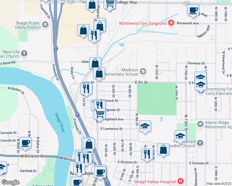 map of restaurants, bars, coffee shops, grocery stores, and more near 722 North 6th Street in Mount Vernon
