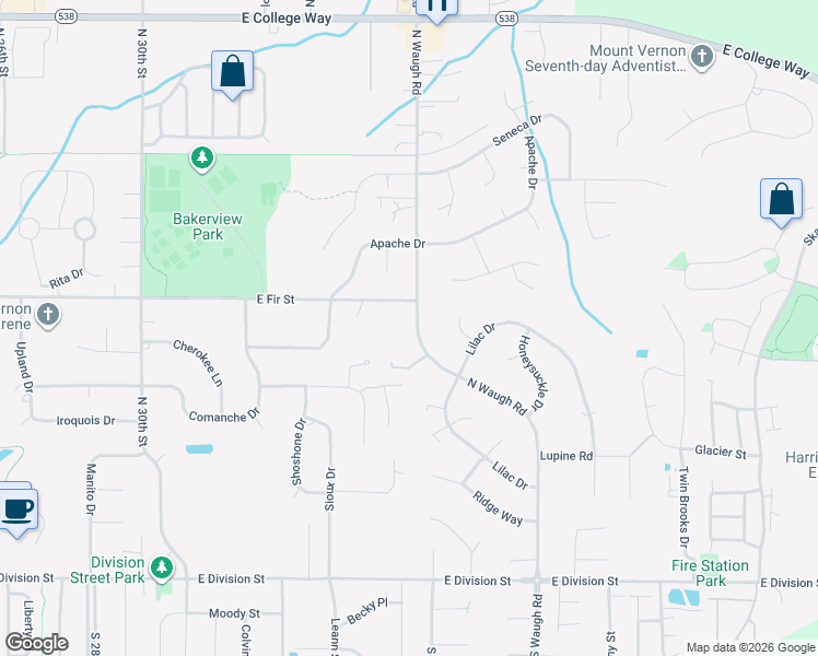 map of restaurants, bars, coffee shops, grocery stores, and more near 815 North Waugh Road in Mount Vernon