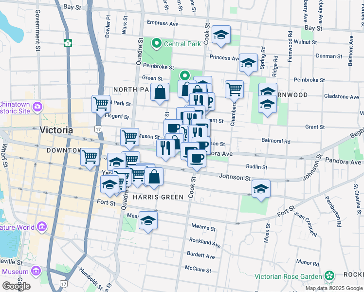 map of restaurants, bars, coffee shops, grocery stores, and more near 1022 Pandora Avenue in Victoria