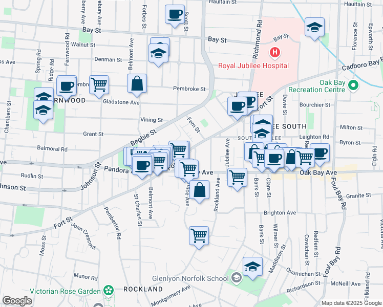 map of restaurants, bars, coffee shops, grocery stores, and more near 1669 Fort Street in Victoria