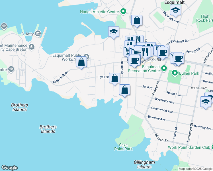 map of restaurants, bars, coffee shops, grocery stores, and more near 479 Foster Street in Victoria