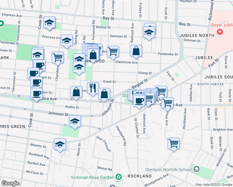 map of restaurants, bars, coffee shops, grocery stores, and more near 1410 Begbie Street in Victoria