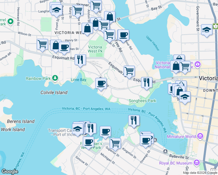 map of restaurants, bars, coffee shops, grocery stores, and more near in Victoria