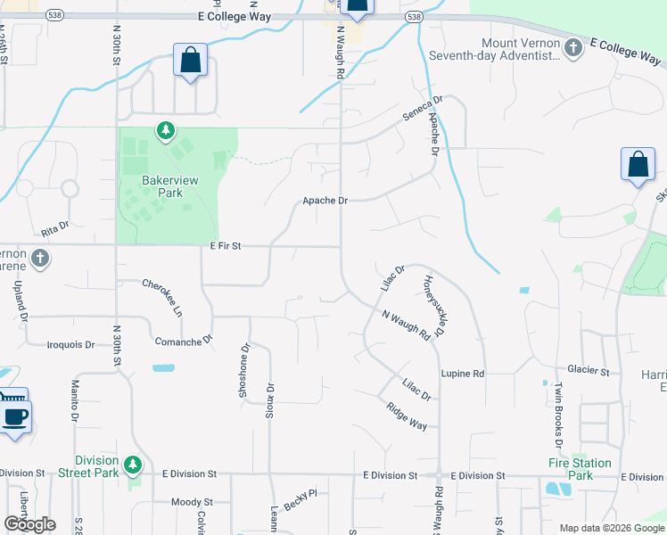 map of restaurants, bars, coffee shops, grocery stores, and more near 815 North Waugh Road in Mount Vernon
