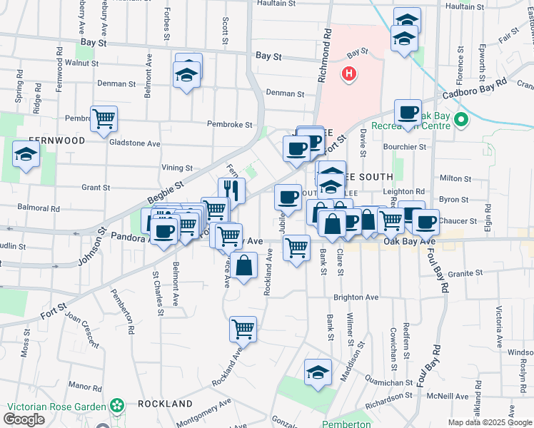 map of restaurants, bars, coffee shops, grocery stores, and more near 1537 Belcher Avenue in Victoria