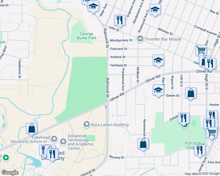 map of restaurants, bars, coffee shops, grocery stores, and more near 1421 Balmoral Street in Thunder Bay
