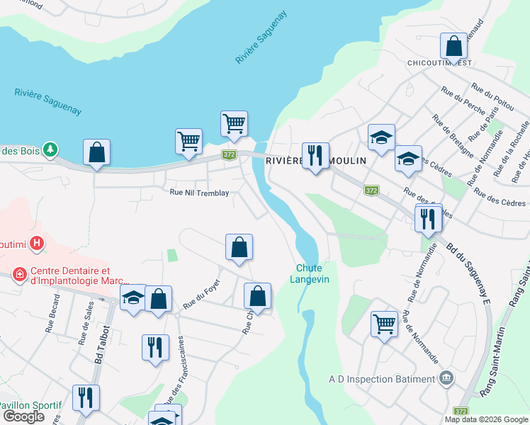 map of restaurants, bars, coffee shops, grocery stores, and more near 1143 Rue Henri Martin in Saguenay