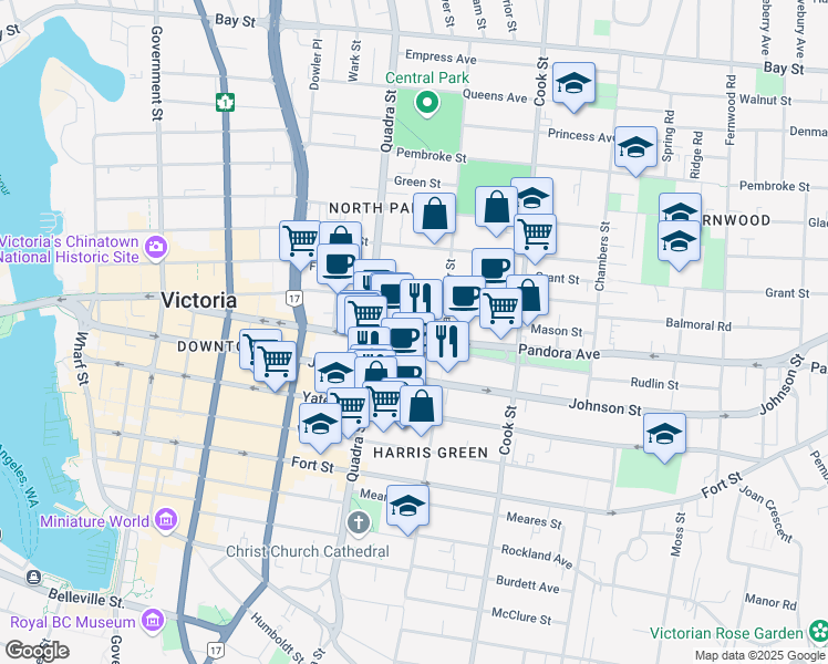 map of restaurants, bars, coffee shops, grocery stores, and more near 930 Pandora Avenue in Victoria