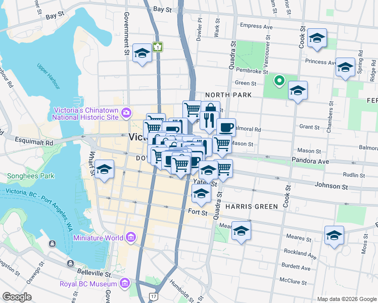 map of restaurants, bars, coffee shops, grocery stores, and more near 791 Pandora Avenue in Victoria
