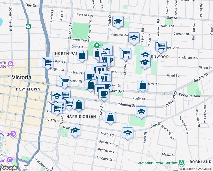 map of restaurants, bars, coffee shops, grocery stores, and more near 1515 Cook Street in Victoria